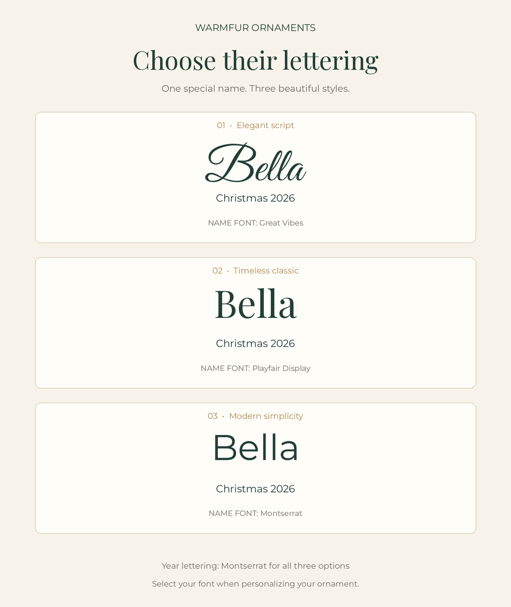Font examples for Bella: Great Vibes, Playfair Display and Montserrat. Christmas 2026 is in Montserrat.
