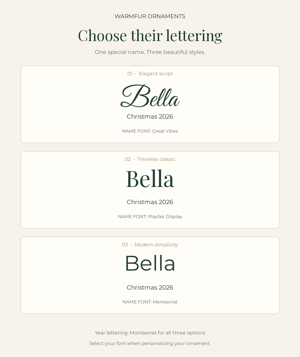 Choose a font: 01 Great Vibes, 02 Playfair Display, 03 Montserrat. All years use Montserrat.