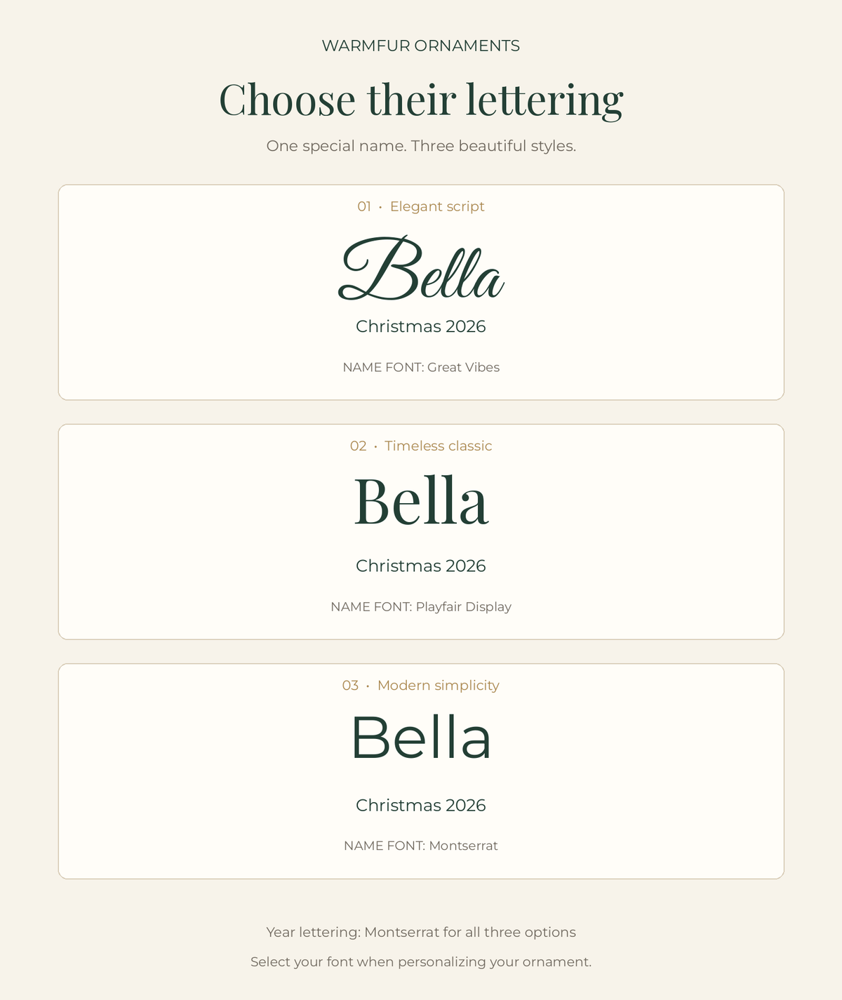 Choose a font: 01 Great Vibes, 02 Playfair Display, 03 Montserrat. All years use Montserrat.