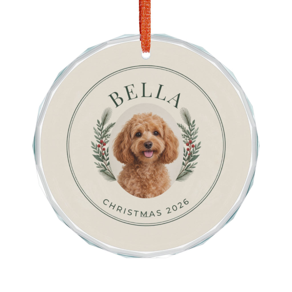 Ivory Evergreen ornament with curved Bella and Christmas 2026 lettering and example dog portrait — Printify-rendered mockup.