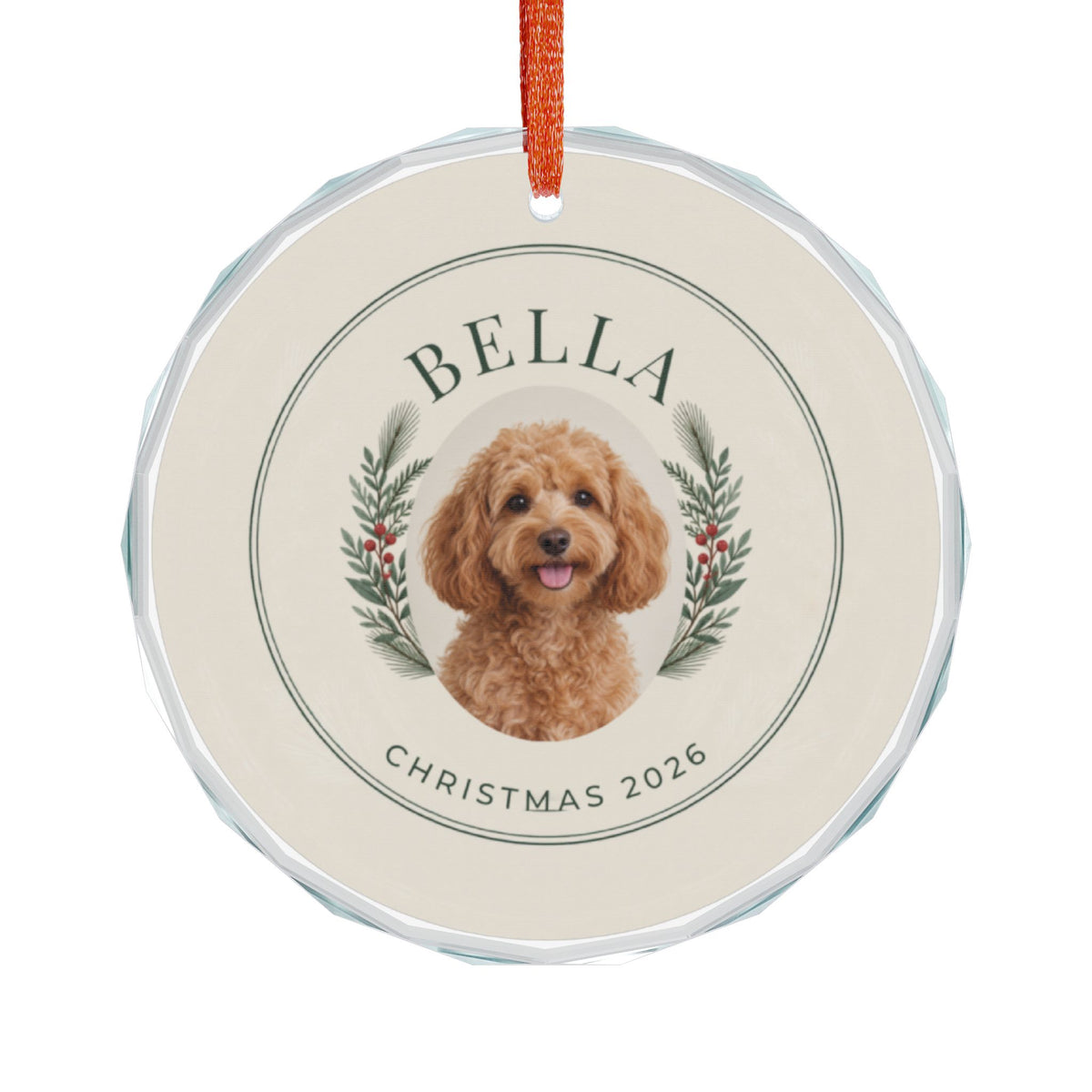 Ivory Evergreen ornament with curved Bella and Christmas 2026 lettering and example dog portrait — Printify-rendered mockup.