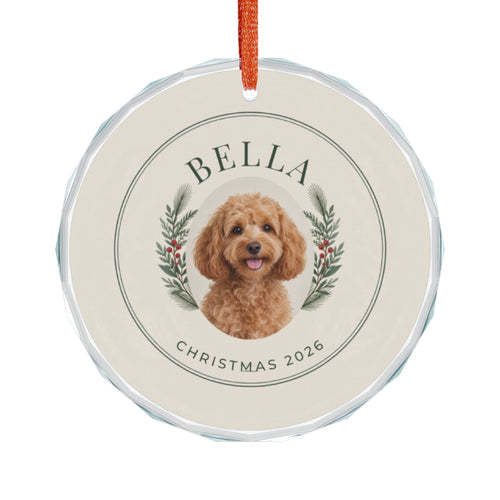 Ivory Evergreen ornament with curved Bella and Christmas 2026 lettering and example dog portrait — Printify-rendered mockup.