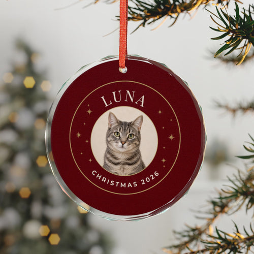 Burgundy Starlight curved-lettering ornament with example cat portrait — Printify-rendered context mockup.
