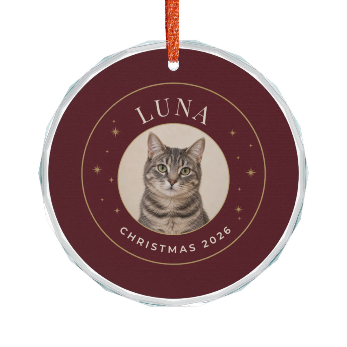 Burgundy Starlight ornament with curved Luna and Christmas 2026 lettering and example cat portrait — Printify-rendered mockup.