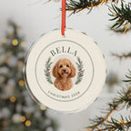 Ivory Evergreen curved-lettering ornament with example dog portrait — Printify-rendered context mockup.