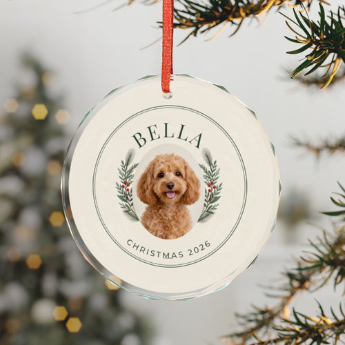 Ivory Evergreen curved-lettering ornament with example dog portrait — Printify-rendered context mockup.